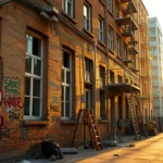Una calle desierta en un entorno urbano donde un edificio de ladrillo presenta grafitis coloridos en sus paredes, con andamios y herramientas esparcidas, iluminada por la luz cálida del atardecer, simbolizando el contexto de 'Okupas durante meses: proceso de recuperación'.