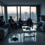 Cuatro personas están sentadas en un moderno salón con vistas a una ciudad iluminada al atardecer, rodeados de un ambiente elegante y sobrio, mientras se observan entre sí, reflejando un aire de reflexión, en un contexto que evoca el tema de 'okupas pisos lujo casos madrid centro'.