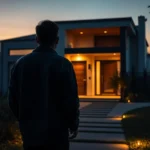 Una persona de espaldas observa una moderna vivienda iluminada al atardecer, mientras se refleja la preocupación por la seguridad y posibles intrusiones en el hogar, evocando la temática de 'Okupas en segunda vivienda: prevención y actuación'.