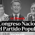 Fotografía en blanco y negro de varios dirigentes del Partido Popular en primer plano sobre un fondo informativo con el rótulo central "21 Congreso Nacional del Partido Popular", el indicador "Directo" en rojo y el titular 'PP acusa al Ayuntamiento de Vitoria de pagar 25.000 euros a okupas' superpuesto para contextualizar la noticia.