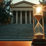 Reloj de arena de vidrio con base de madera iluminado por el sol en primer plano sobre una mesa frente a la amplia escalinata y el edificio clásico de un tribunal con columnas, simbolizando el paso del tiempo y la urgencia legal, Prescripción del delito de usurpación: plazos.