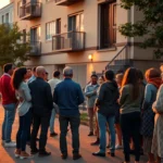 Reunión vecinal al atardecer de un grupo de personas en la acera frente a un bloque de pisos, mostrando coordinación, diálogo y medidas de seguridad comunitaria para la Prevención comunitaria de okupas: guía vecinal
