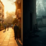 Imagen dividida que muestra a la izquierda un patio comunitario residencial bañado por la luz dorada del atardecer con varias personas caminando entre macetas y balcones y a la derecha un pasillo oscuro y abandonado con paredes desgastadas, escaleras metálicas y suelo agrietado que enfatizan el contraste urbano y la necesidad de políticas de vivienda prevencion vs desalojo analisis costes
