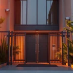 Fachada de entrada residencial moderna con puerta doble negra y reja metálica, iluminación cálida al atardecer, cámaras de seguridad y interfono visibles, jardines laterales que aportan discreción y una sensación de protección del hogar optimizada para búsquedas sobre Cómo prevenir okupación: 15 estrategias efectivas.