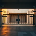 Puerta metálica de entrada a un garaje comunitario cerrada y robusta frente a un pasillo vacío, con cámaras de vigilancia visibles en los laterales, luz cálida de atardecer que proyecta sombras sobre el suelo y transmite sensación de seguridad y control de acceso, ideal para ilustrar consejos prácticos y medidas preventivas como Prevenir okupas en garaje comunitario: guía