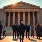 Grupo de profesionales de traje frente a la fachada neoclásica de un tribunal con altas columnas y escalinata al atardecer, imagen que sirve para contextualizar el Proceso judicial contra okupas: duración y fases en contenidos legales accesibles.