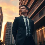 Hombre con traje oscuro y corbata de pie entre edificios residenciales modernos al atardecer, mirada decidida y postura profesional, imagen optimizada para contenidos inmobiliarios y legales, Recursos contra sentencias de okupación: guía