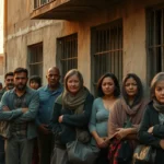 Vecinos y vecinas de distintas edades y orígenes, con expresión seria y brazos cruzados frente a una fachada agrietada y ventanas con rejas en una calle estrecha al atardecer, transmiten unidad y preocupación, ideal como imagen para testimonios reales desalojo okupas