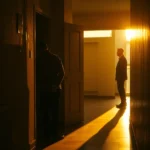 Pasillo iluminado al atardecer con dos hombres, uno en la sombra junto a una puerta entreabierta y otro de pie en la luz proyectando largas sombras, imagen que sugiere tensión y trámites legales como tiempo desahucio inquilino moroso plazos