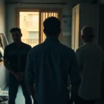 Interior de un pasillo oscuro de un piso con luz cálida entrando por la ventana, tres hombres en silueta entre papeles y marcos apoyados contra la pared que parecen mantener una reunión tensa sobre documentos y derechos de ocupación, tienen derecho uso okupas analisis legal