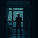 Imagen de la silueta de un hombre de pie de espaldas en la penumbra de un apartamento moderno mirando por una amplia ventana al paisaje urbano nocturno, con cama, cortinas y muebles apenas visibles que generan una atmósfera tensa y contemplativa, Usurpación de inmueble: análisis del código penal