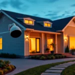 Cámara de seguridad exterior en primer plano enfocando la fachada de una vivienda unifamiliar con ventanas y porche iluminados al anochecer, sendero y jardín cuidados, imagen clara y accesible para ilustrar Vigilancia casa vacía: costes y servicios.